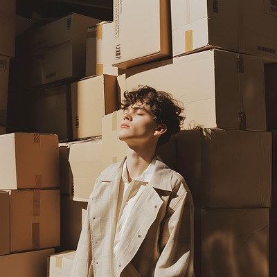 arafed-man-standing-front-stack